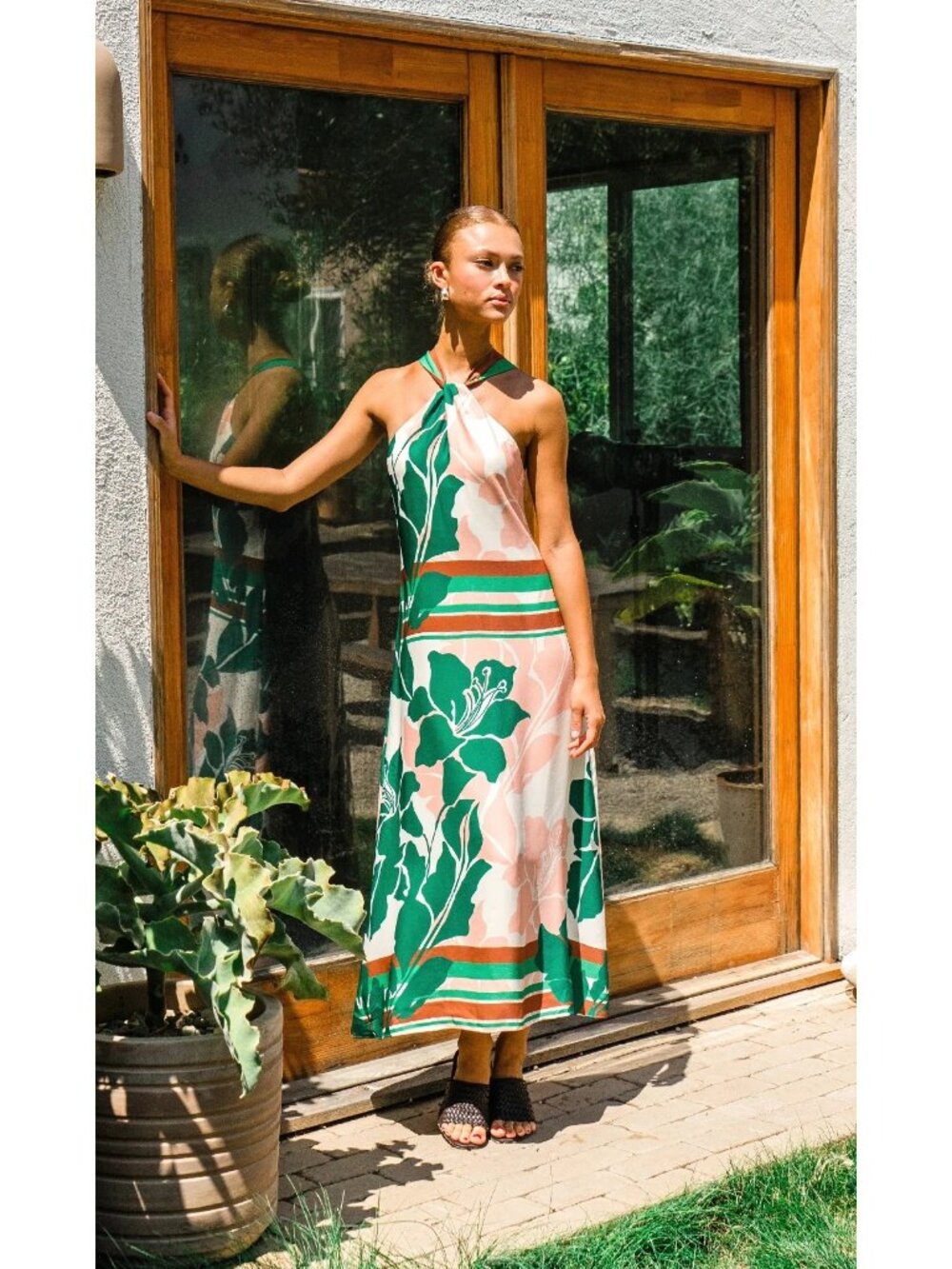 NEW Greylin Lyra Border Halter Midi Dress, Tropical Ecru/Green, Size Small
